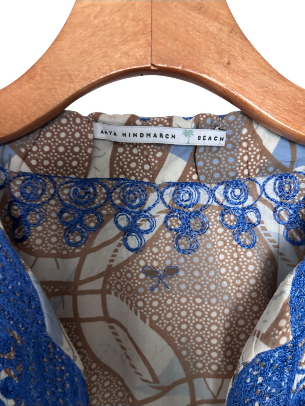 Anya Hindmarch Beach Embroidered Graphic Tunic Dress Blue & Taupe Coverup Boho M - Picture 4 of 8
